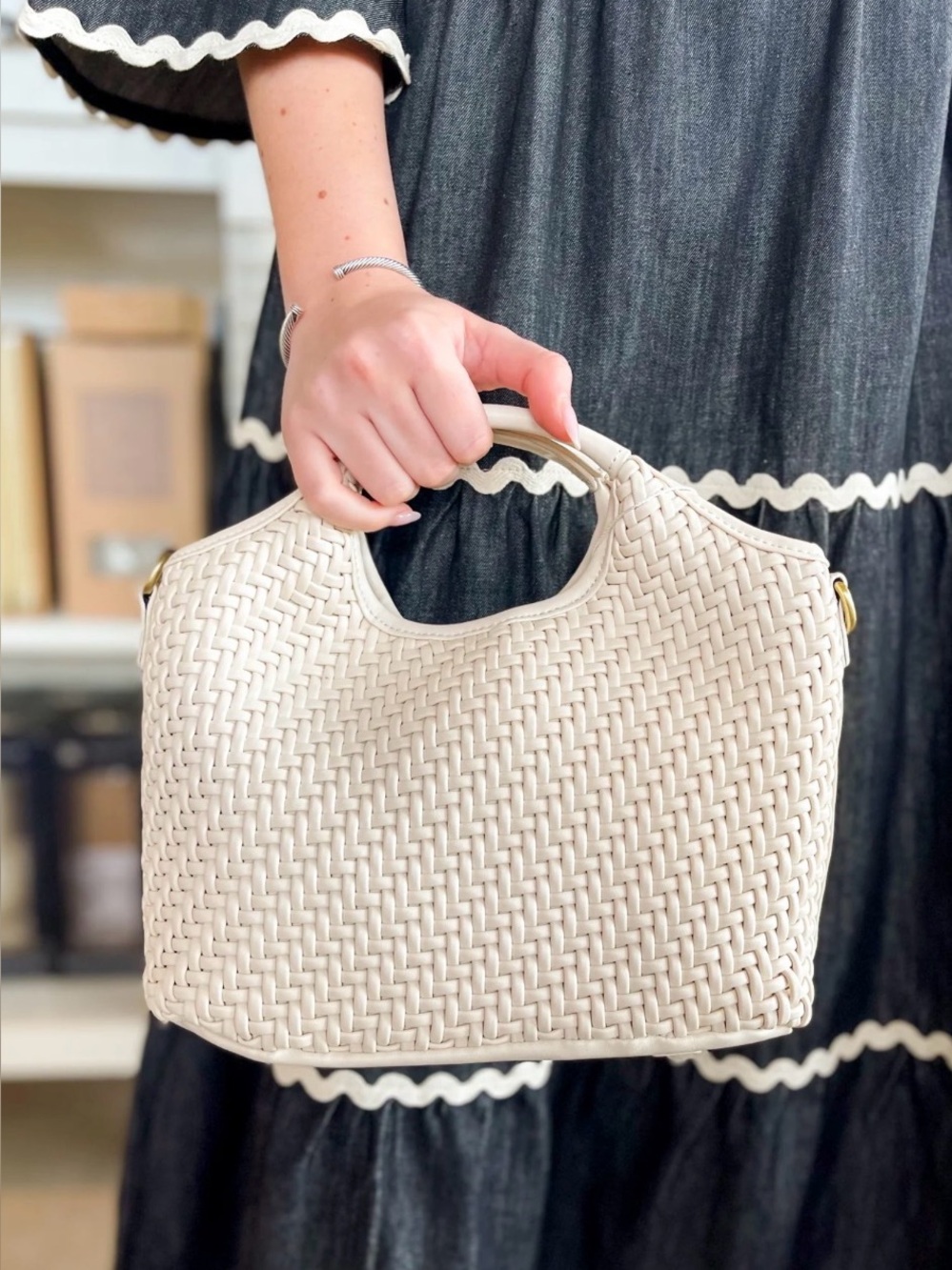 Woven Cream Tote Bag with Top Handles and long crossbody strap